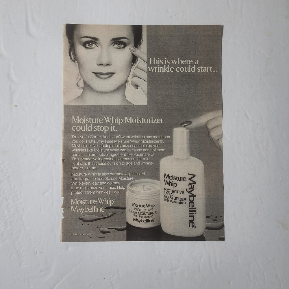 Vintage Print Ad Lynda Carter Maybelline Moisture Whip B&W clipping 1983 8x10.5